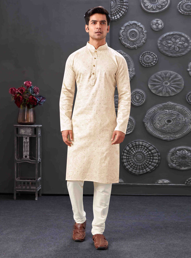Off White Polyester Printed Kurta Pajama Set