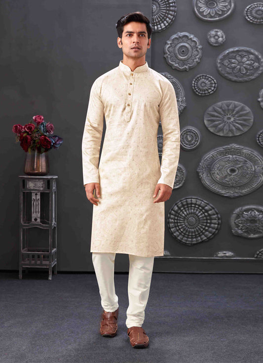 Off White Polyester Printed Kurta Pajama Set