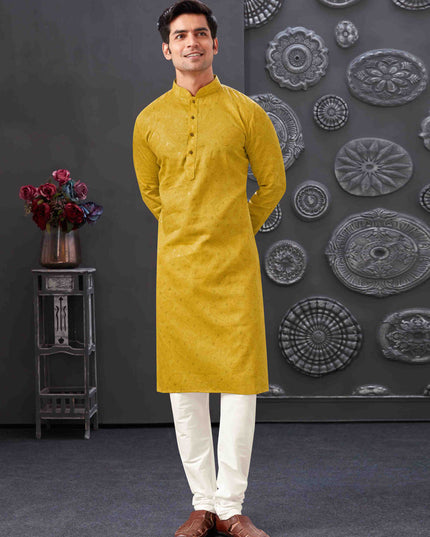 Mustard Polyester Printed Kurta Pajama Set