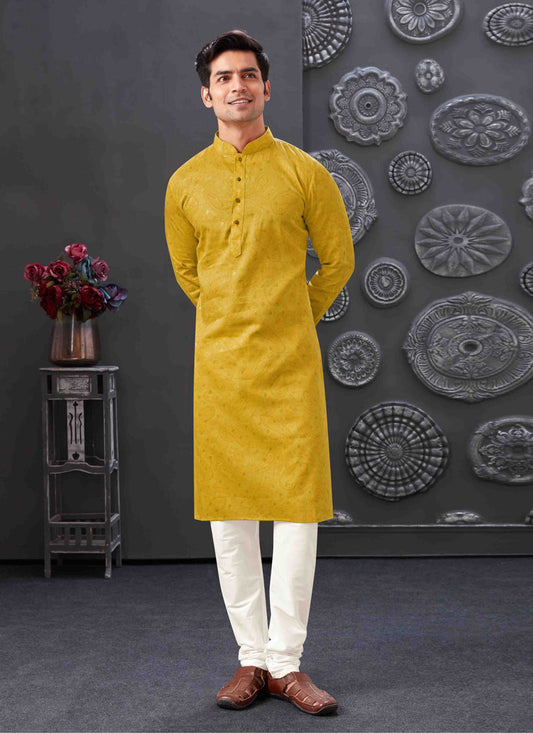Mustard Polyester Printed Kurta Pajama Set