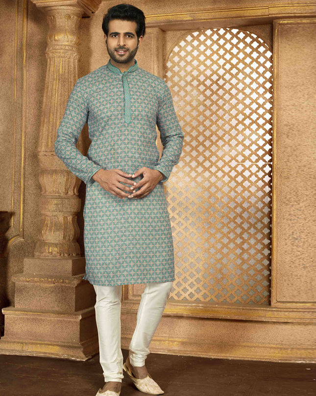 Rama Green Cotton Printed Kurta Pajama Set