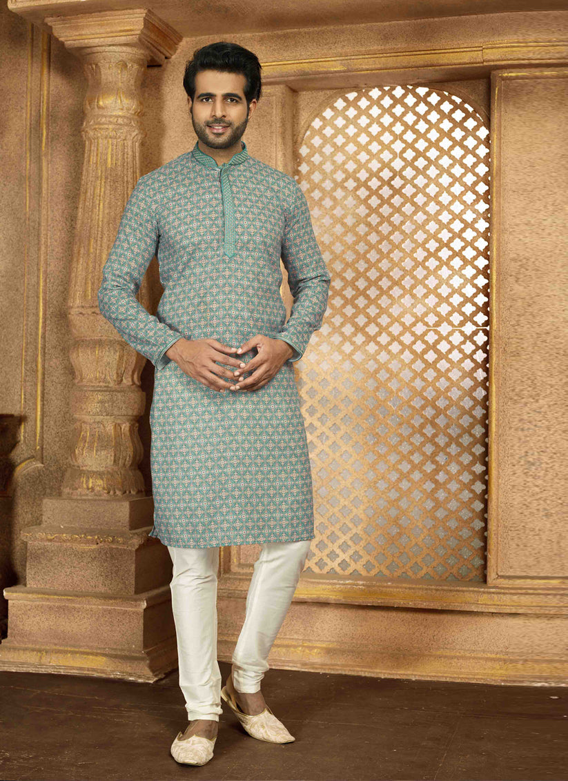 Rama Green Cotton Printed Kurta Pajama Set