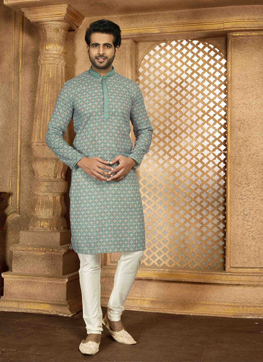 Rama Green Cotton Printed Kurta Pajama Set