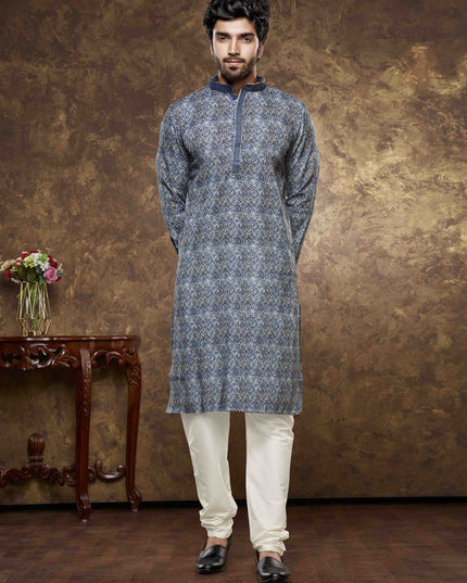 Slate Blue Cotton Printed Kurta Pajama Set