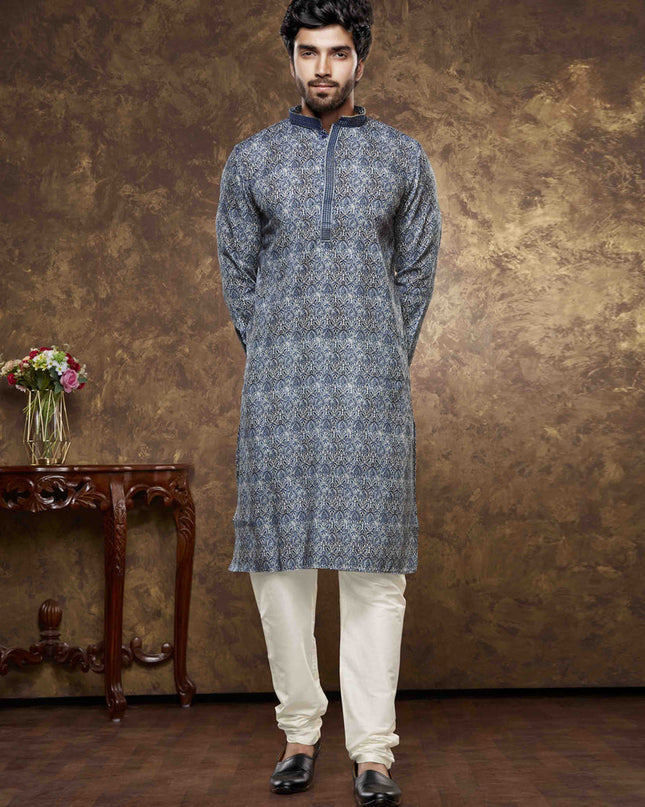 Slate Blue Cotton Printed Kurta Pajama Set