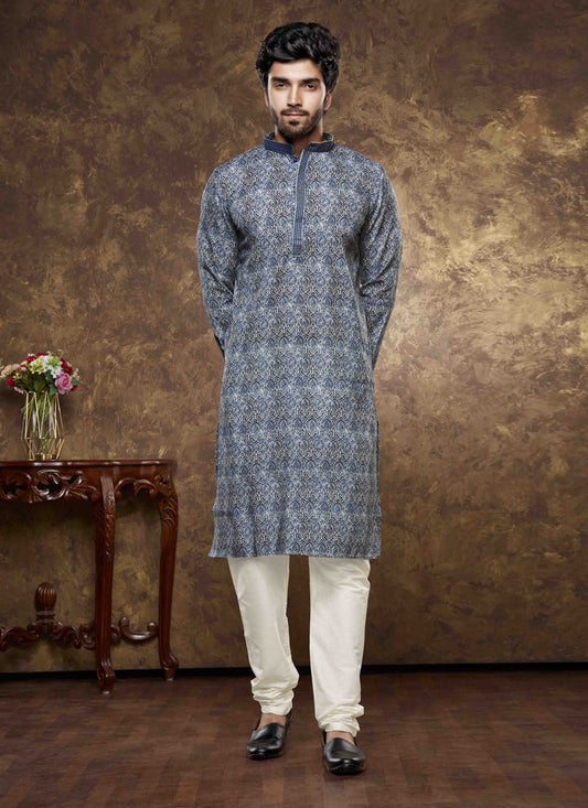 Slate Blue Cotton Printed Kurta Pajama Set