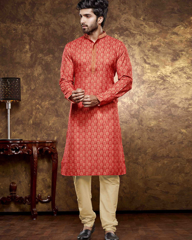 Hot Red Cotton Printed Kurta Pajama Set
