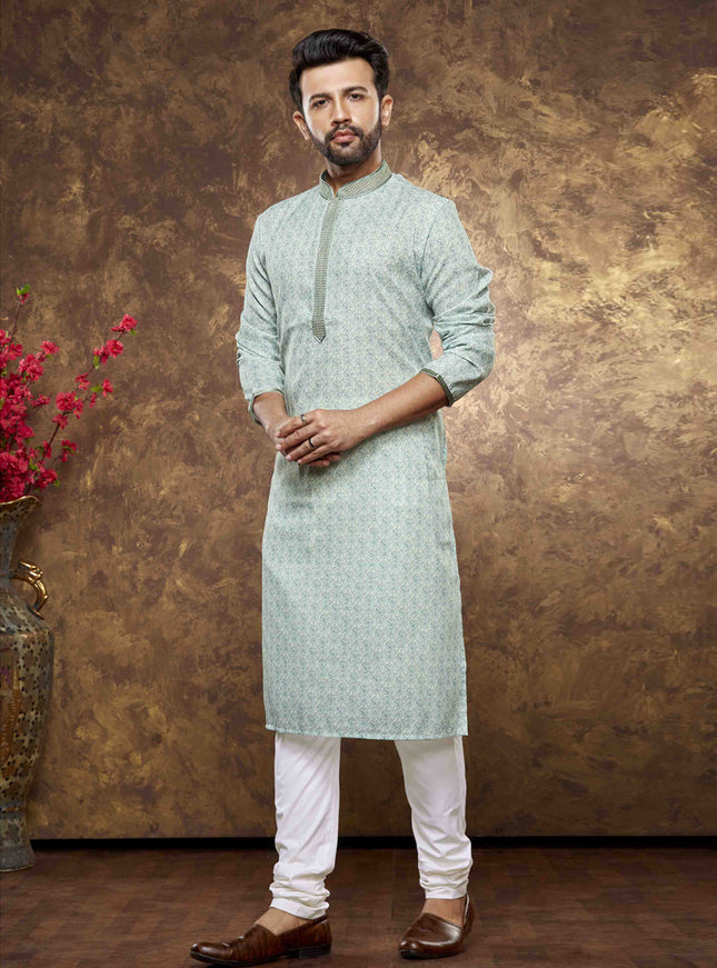 Ice Mint Cotton Printed Kurta Pajama Set
