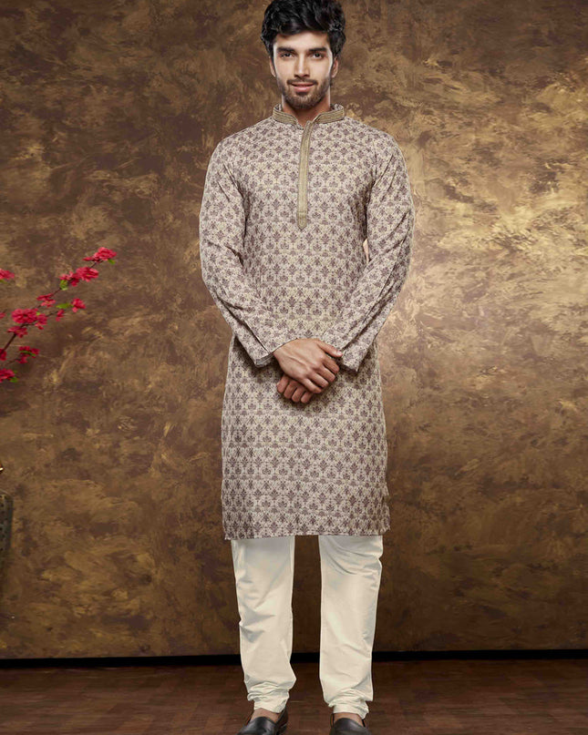 Beige Cotton Printed Kurta Pajama Set