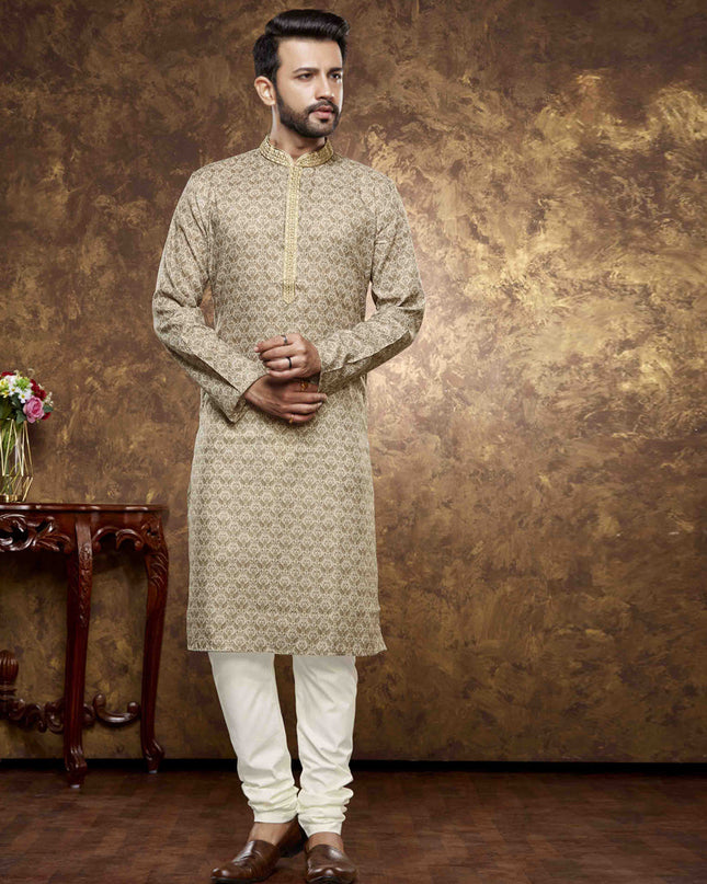 Beige Cotton Printed Kurta Pajama Set