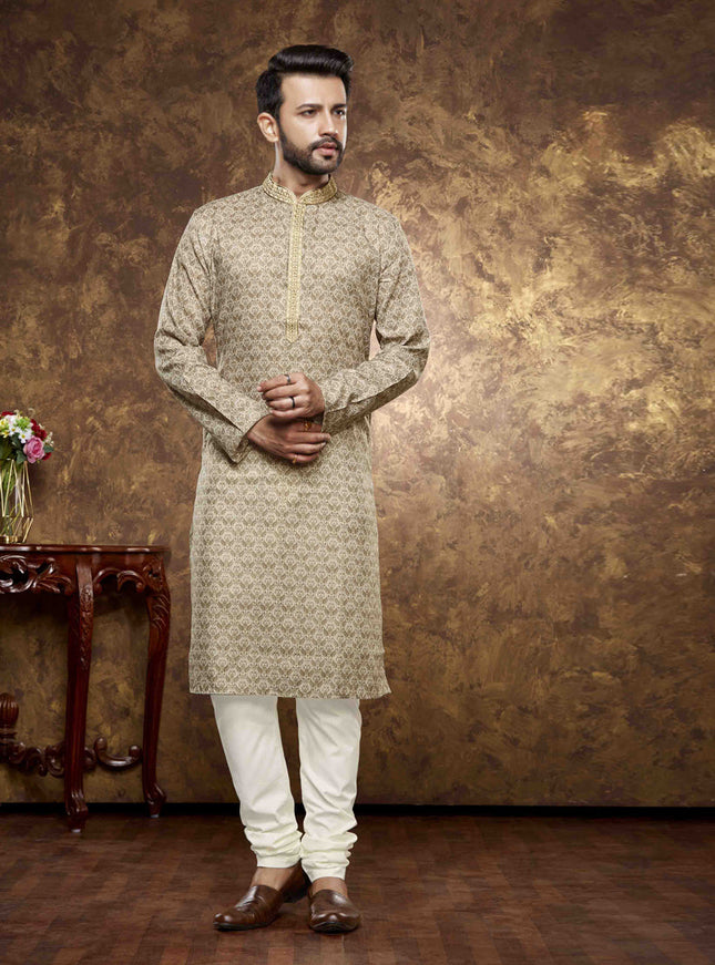 Beige Cotton Printed Kurta Pajama Set