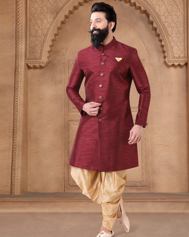 Maroon Silk Wedding Wear Mens Indo Western