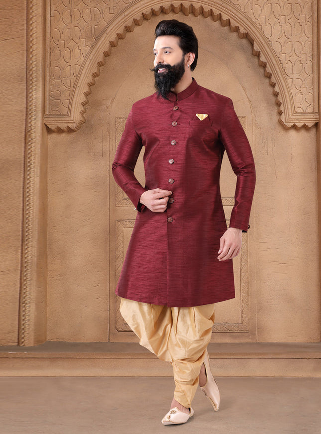 Maroon Silk Wedding Wear Mens Indo Western