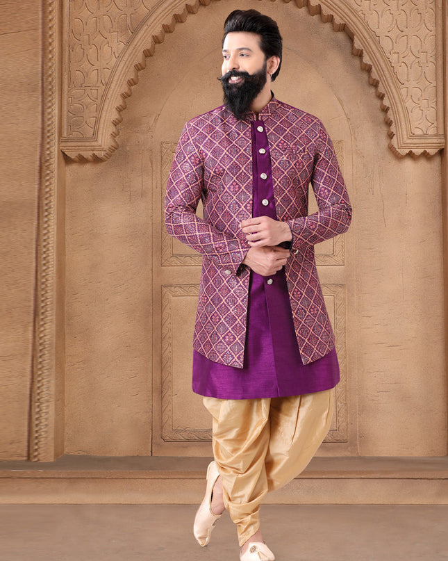 Purple Silk Wedding Wear Mens Indo Western