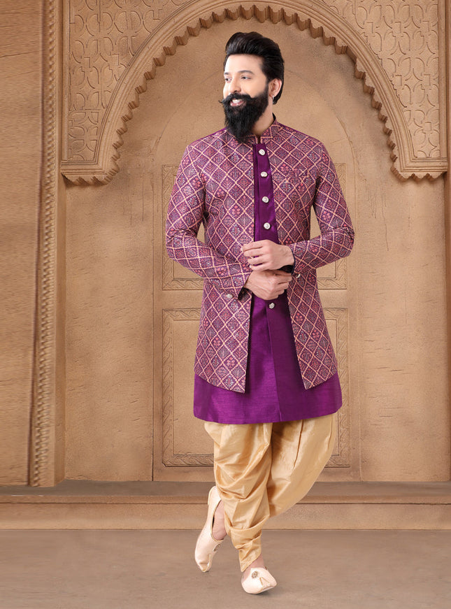Purple Silk Wedding Wear Mens Indo Western