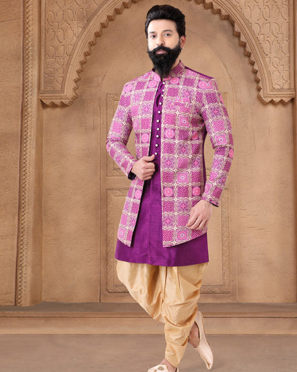 Purple Silk Wedding Wear Mens Indo Western