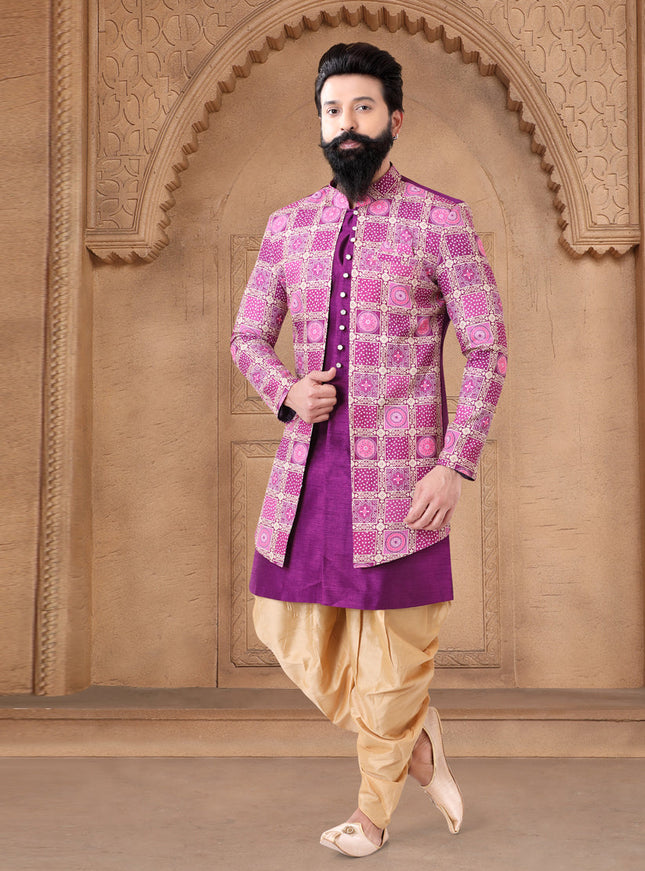Purple Silk Wedding Wear Mens Indo Western