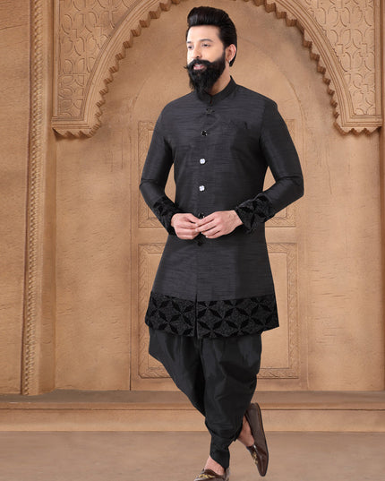Black Silk Wedding Wear Mens Indo Western