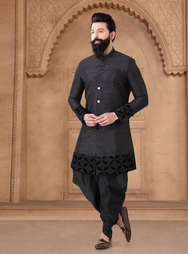 Black Silk Wedding Wear Mens Indo Western