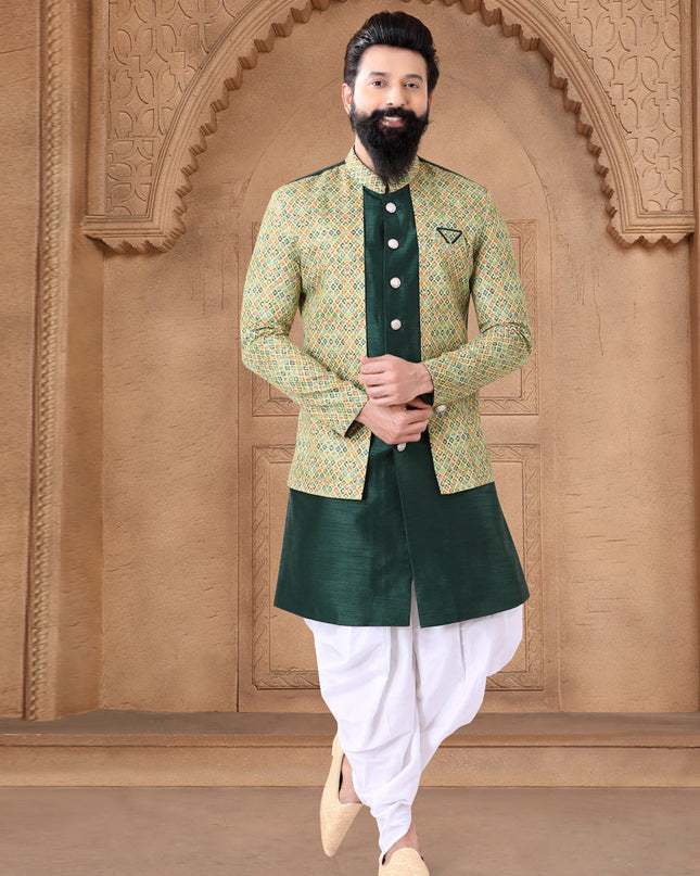 Bottle Green Silk Wedding Wear Mens Indo Western
