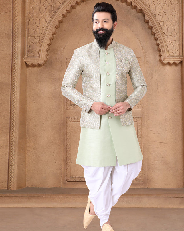 Pastel Green Silk Wedding Wear Mens Indo Western