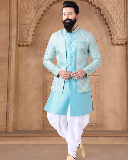 Sky Blue Silk Wedding Wear Mens Indo Western