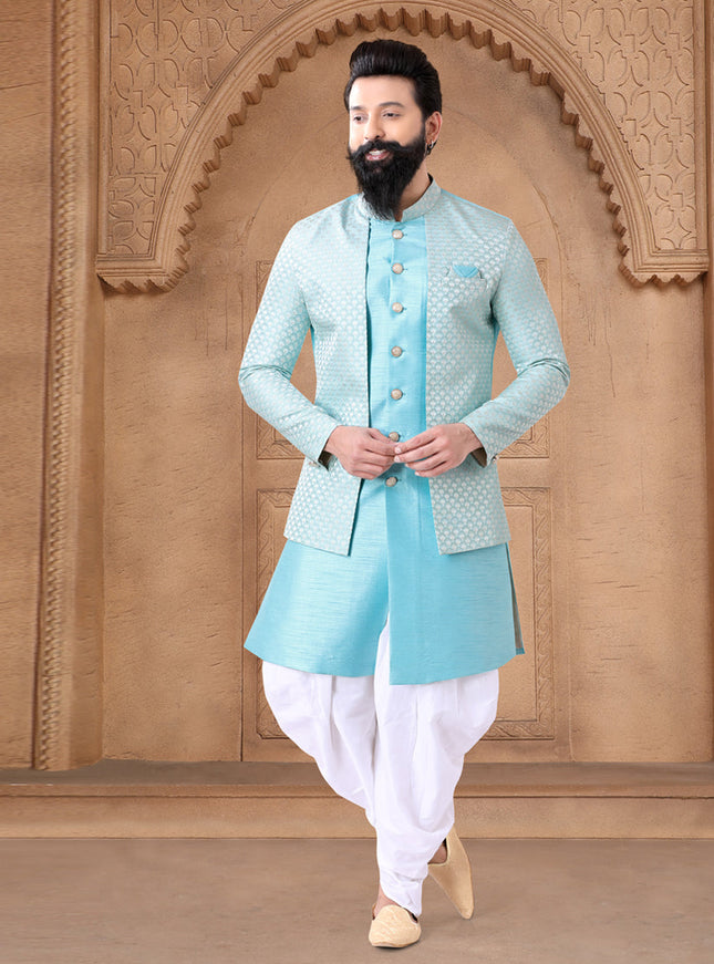 Sky Blue Silk Wedding Wear Mens Indo Western