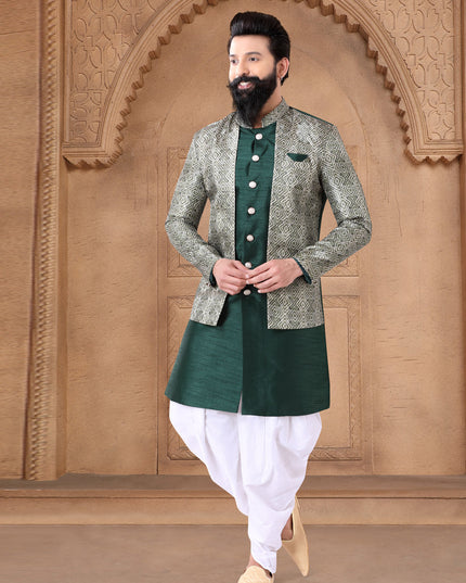 Bottle Green Silk Wedding Wear Mens Indo Western