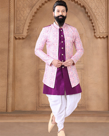 Purple Silk Wedding Wear Mens Indo Western