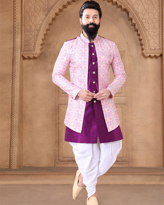 Purple Silk Wedding Wear Mens Indo Western