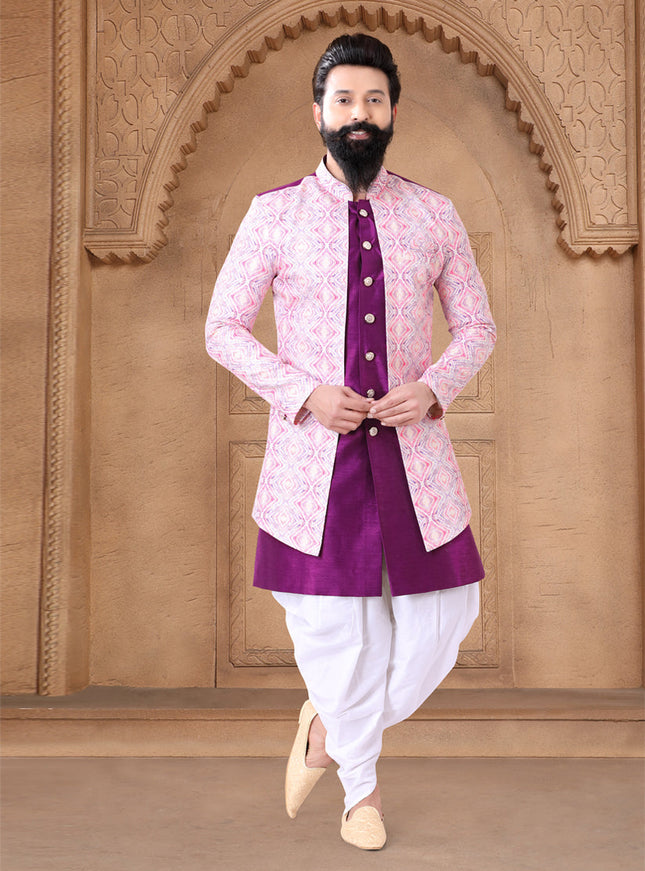 Purple Silk Wedding Wear Mens Indo Western