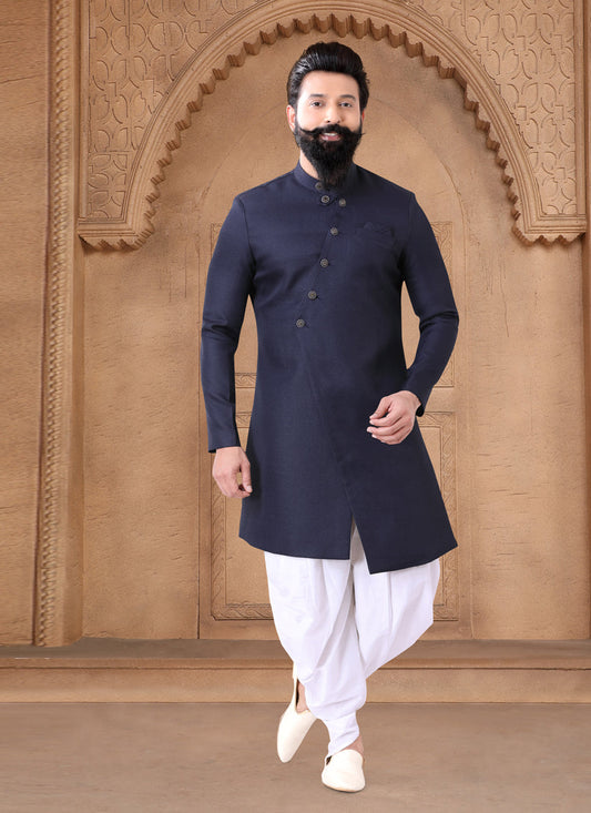 Navy Blue Silk Wedding Wear Mens Indo Western