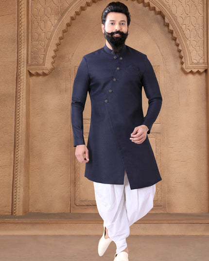 Navy Blue Silk Wedding Wear Mens Indo Western
