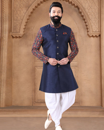 Navy Blue Silk Wedding Wear Mens Indo Western