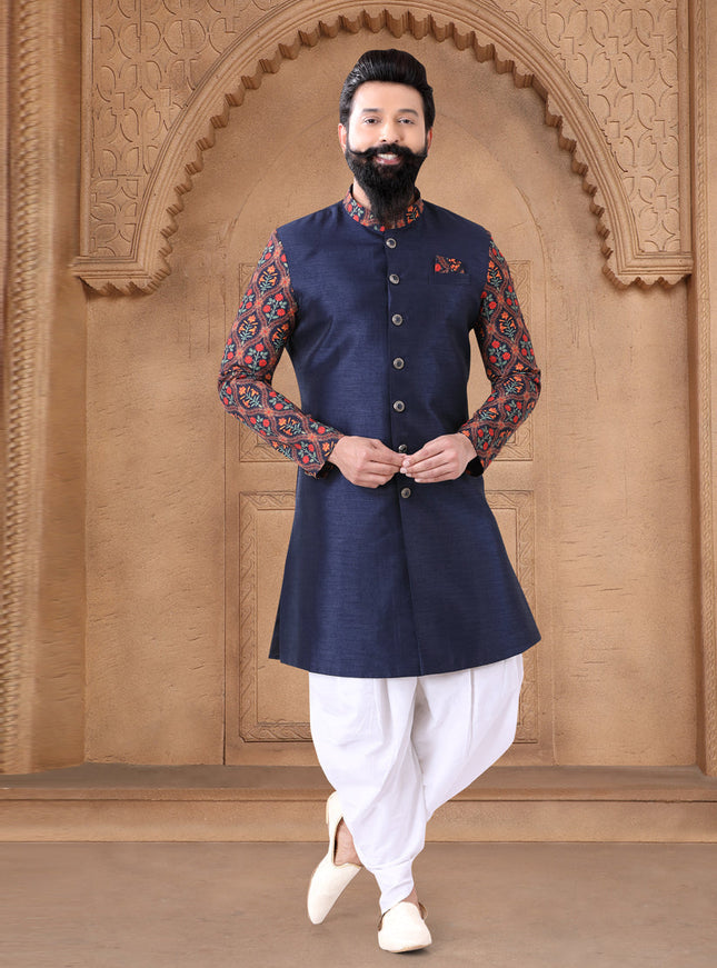Navy Blue Silk Wedding Wear Mens Indo Western
