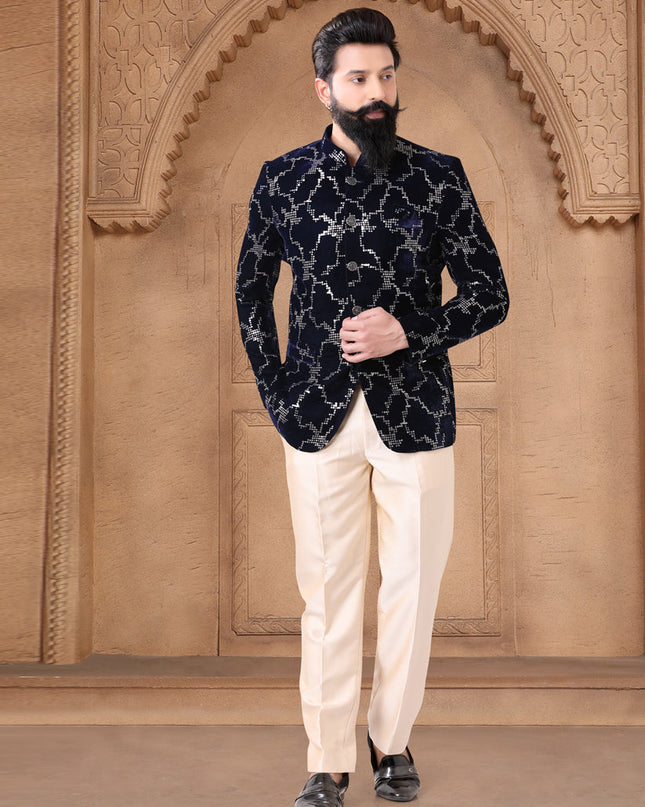Navy Blue Velvet Jodhpuri Suit