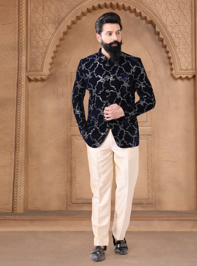 Navy Blue Velvet Jodhpuri Suit
