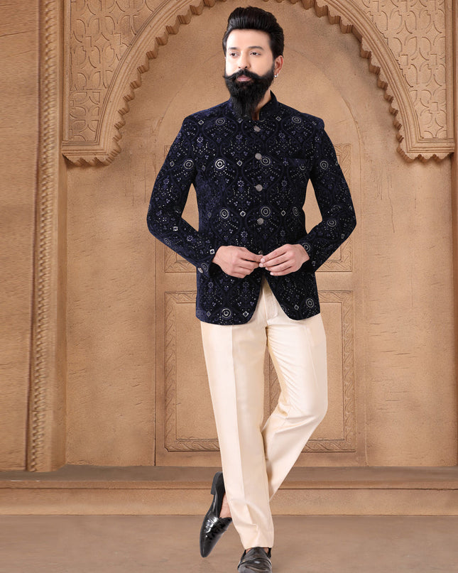 Navy Blue Velvet Jodhpuri Suit