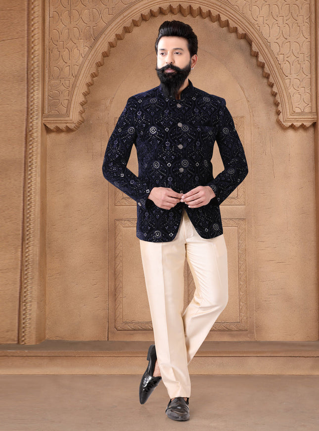 Navy Blue Velvet Jodhpuri Suit