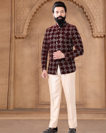 Maroon Velvet Jodhpuri Suit