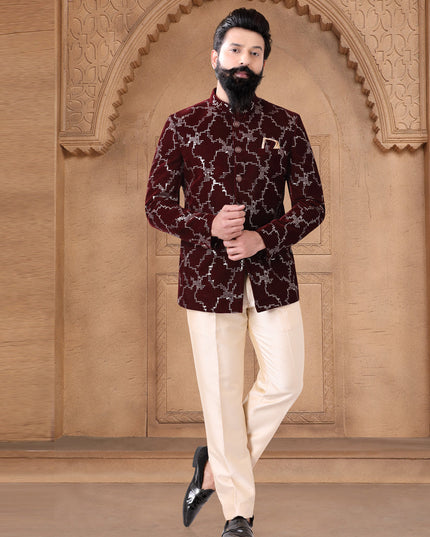 Maroon Velvet Jodhpuri Suit