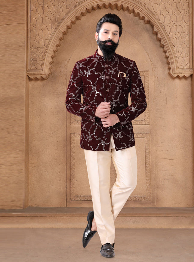Maroon Velvet Jodhpuri Suit