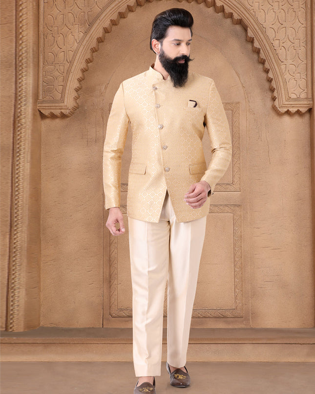 Beige Jacquard Jodhpuri Suit