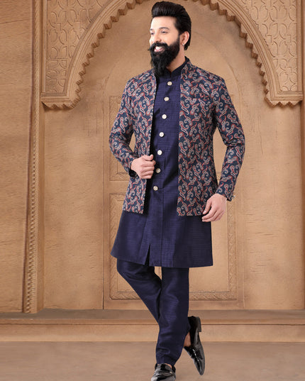 Navy Blue Silk Mens Indo Western