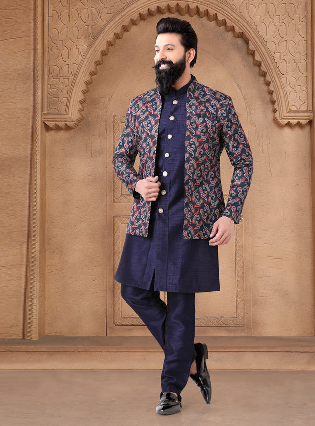 Navy Blue Silk Mens Indo Western
