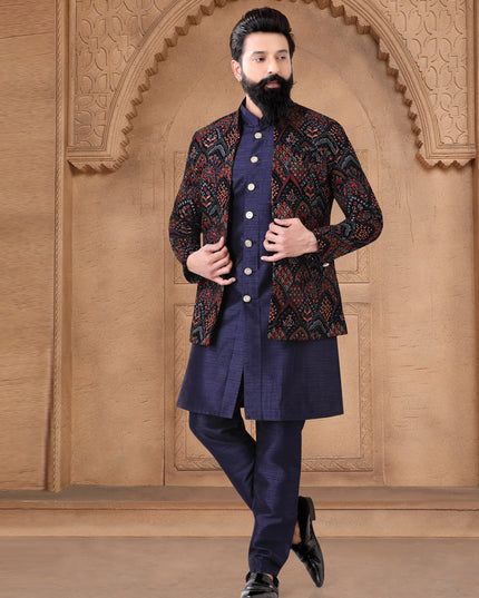 Navy Blue Silk Mens Indo Western