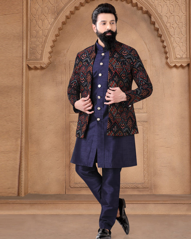 Navy Blue Silk Mens Indo Western