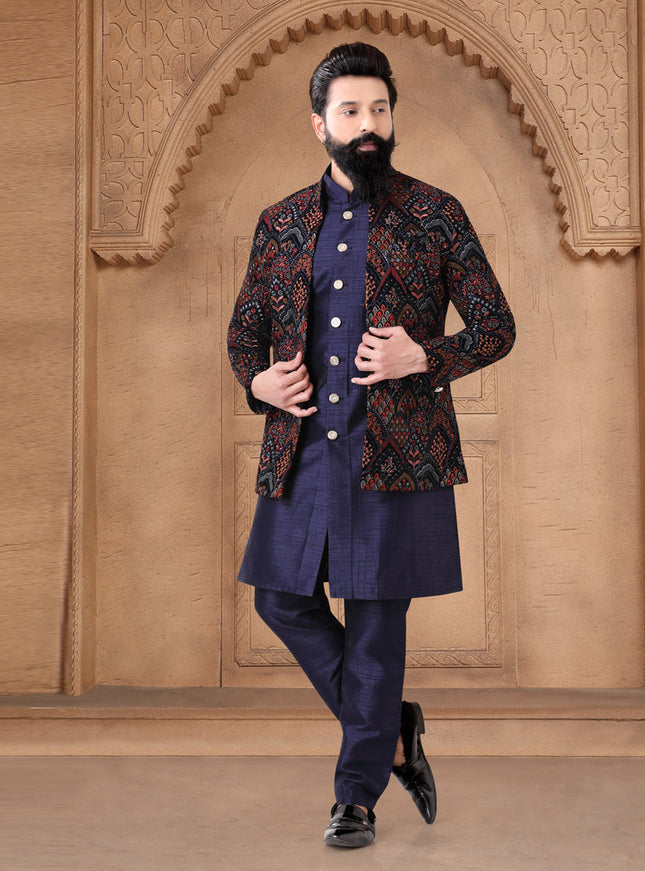 Navy Blue Silk Mens Indo Western