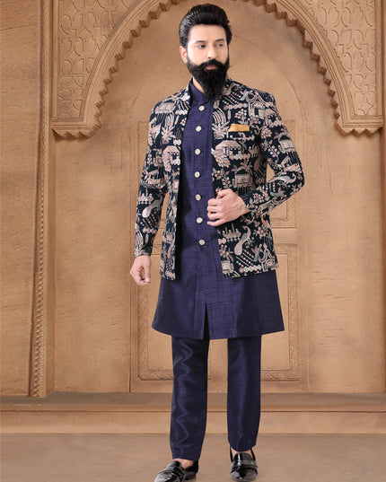 Navy Blue Silk Mens Indo Western