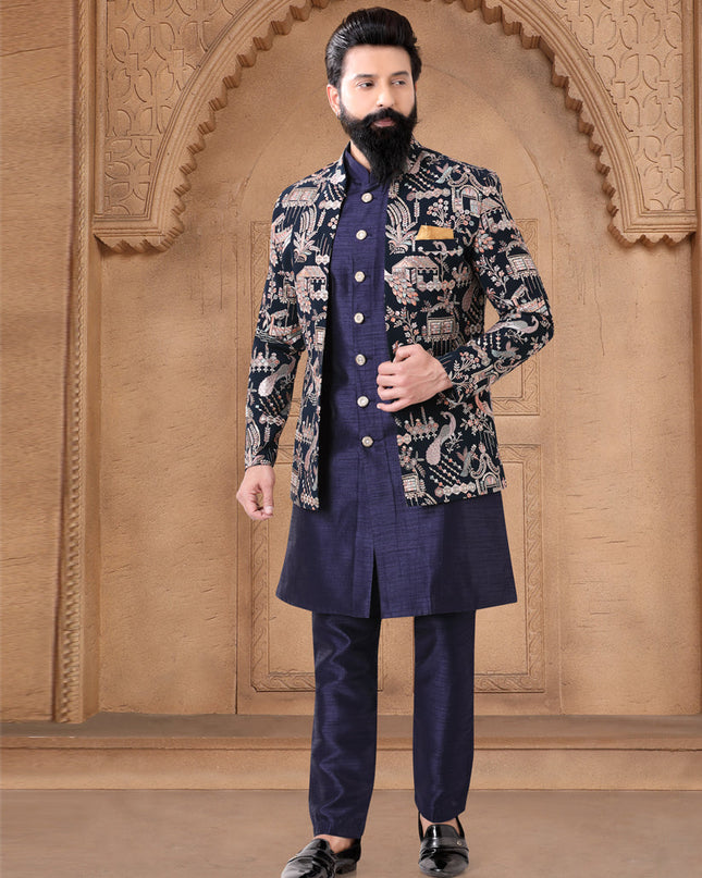 Navy Blue Silk Mens Indo Western